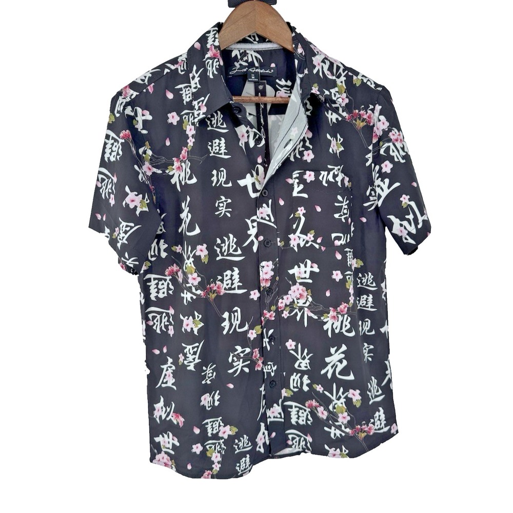Just Attitude Japanese Floral Blossom Button Up Men's M Short Sleeve Black Shirt